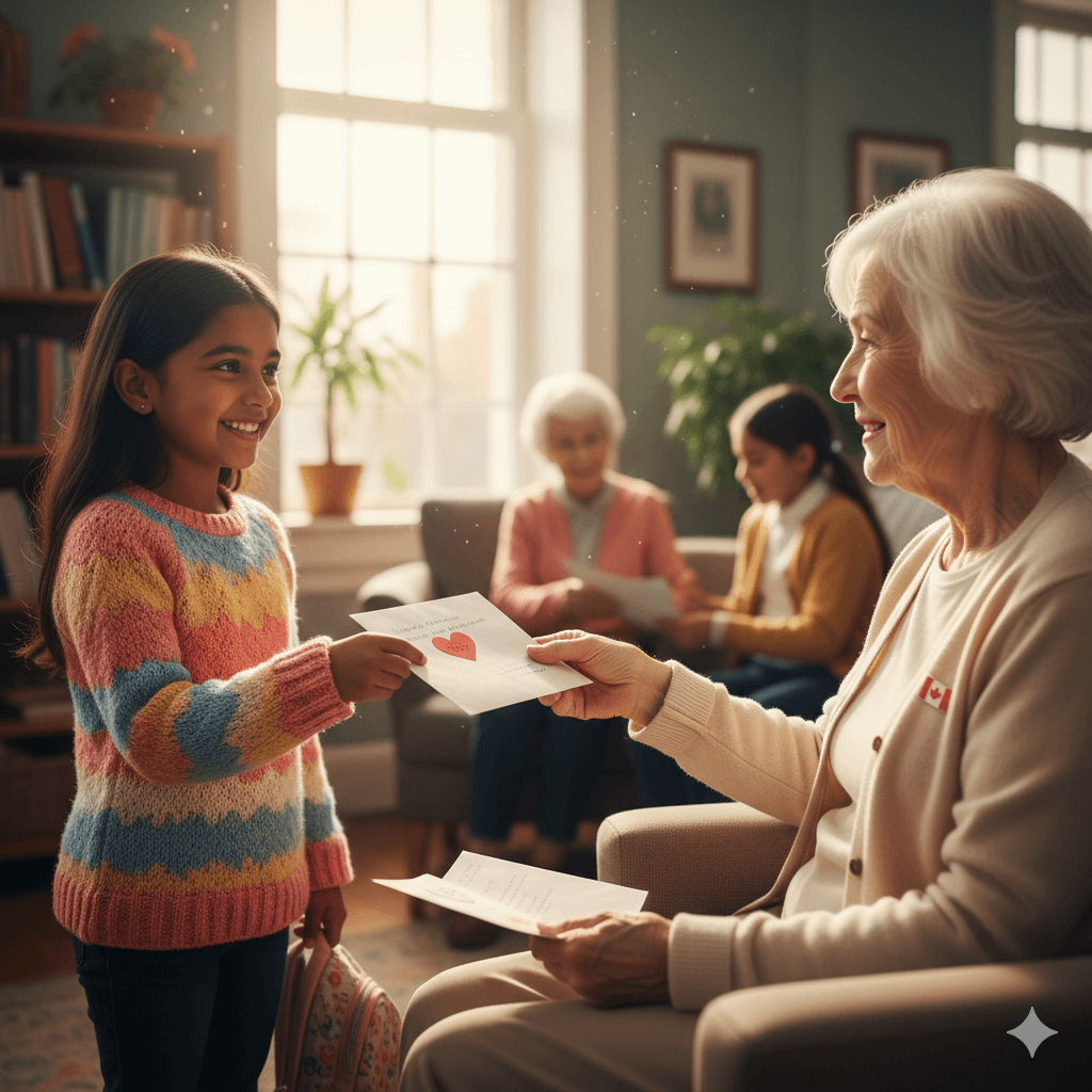 Child and senior citizen exchanging letters